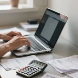 Persona física revisando sus ingresos y facturas frente a una laptop para cumplir con el RESICO