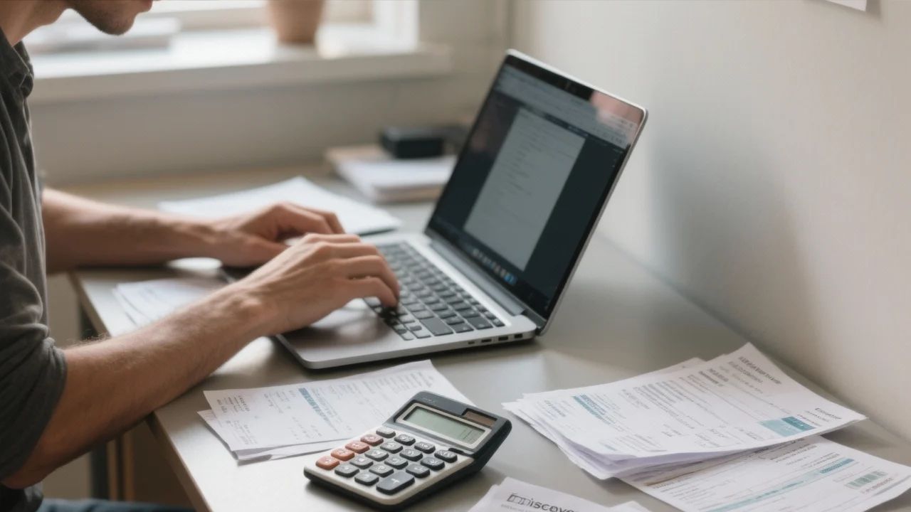 Persona física revisando sus ingresos y facturas frente a una laptop para cumplir con el RESICO